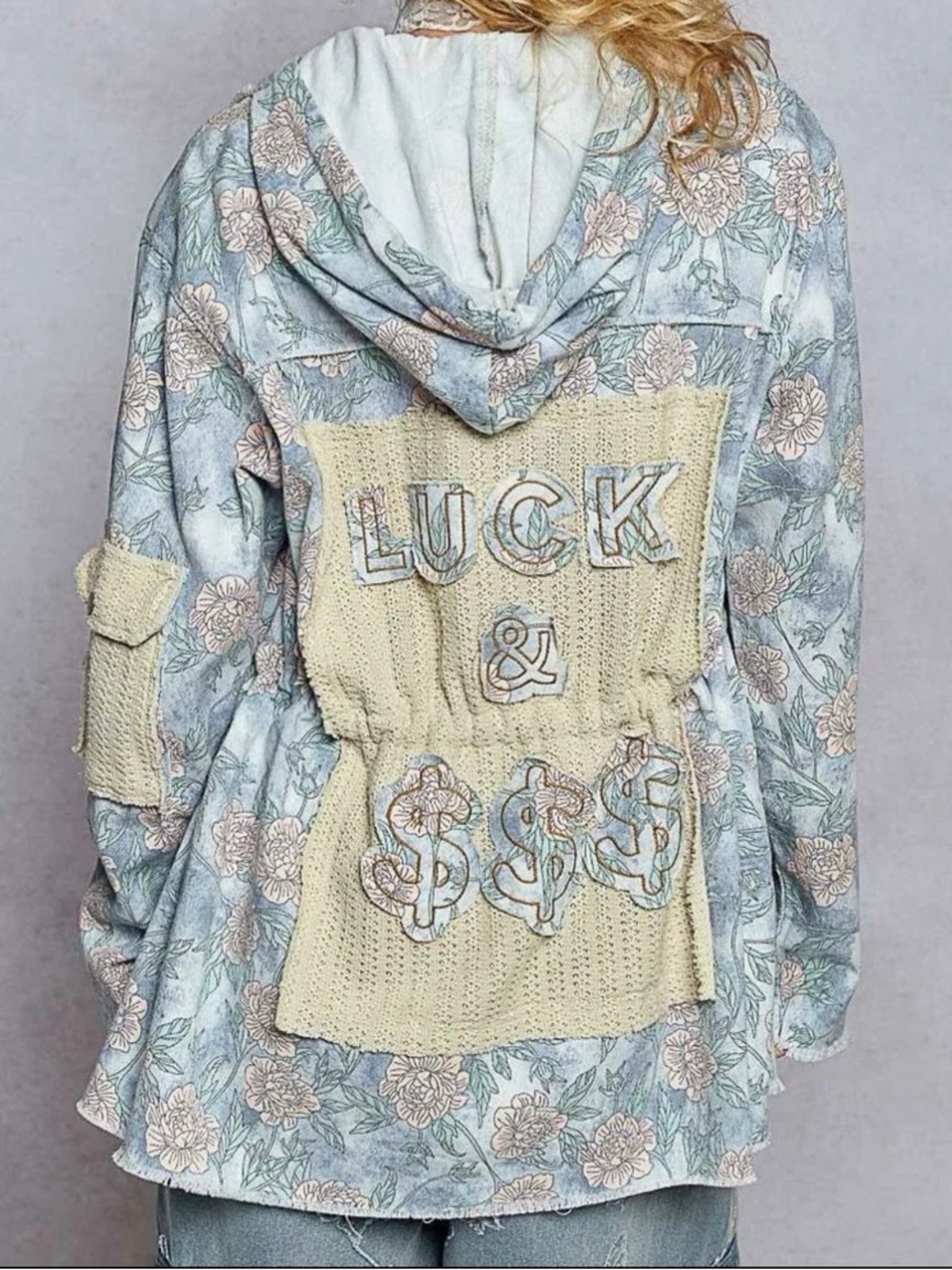 POL Pastel Floral Hooded Jean Jacket in Light Blue with Pink Accents